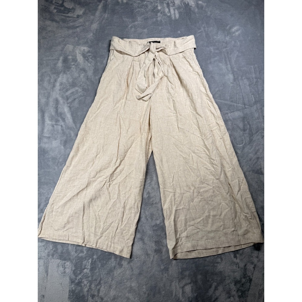 Stella Luce Cropped Pants Womens Medium Beige Linen Wide Leg Belted High Rise